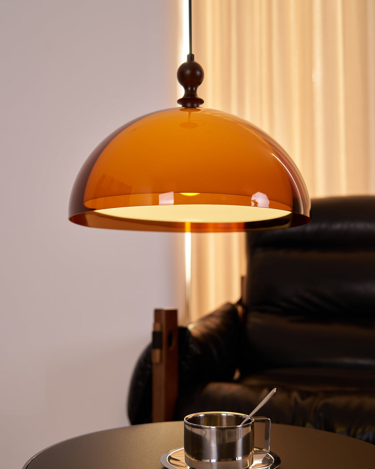 Hanging Ceiling Light Fixture with Walnut Wood Accent and Acrylic Shade 14 Inch Diameter for Kitchen Island Dining Room Table Adjustable Hei