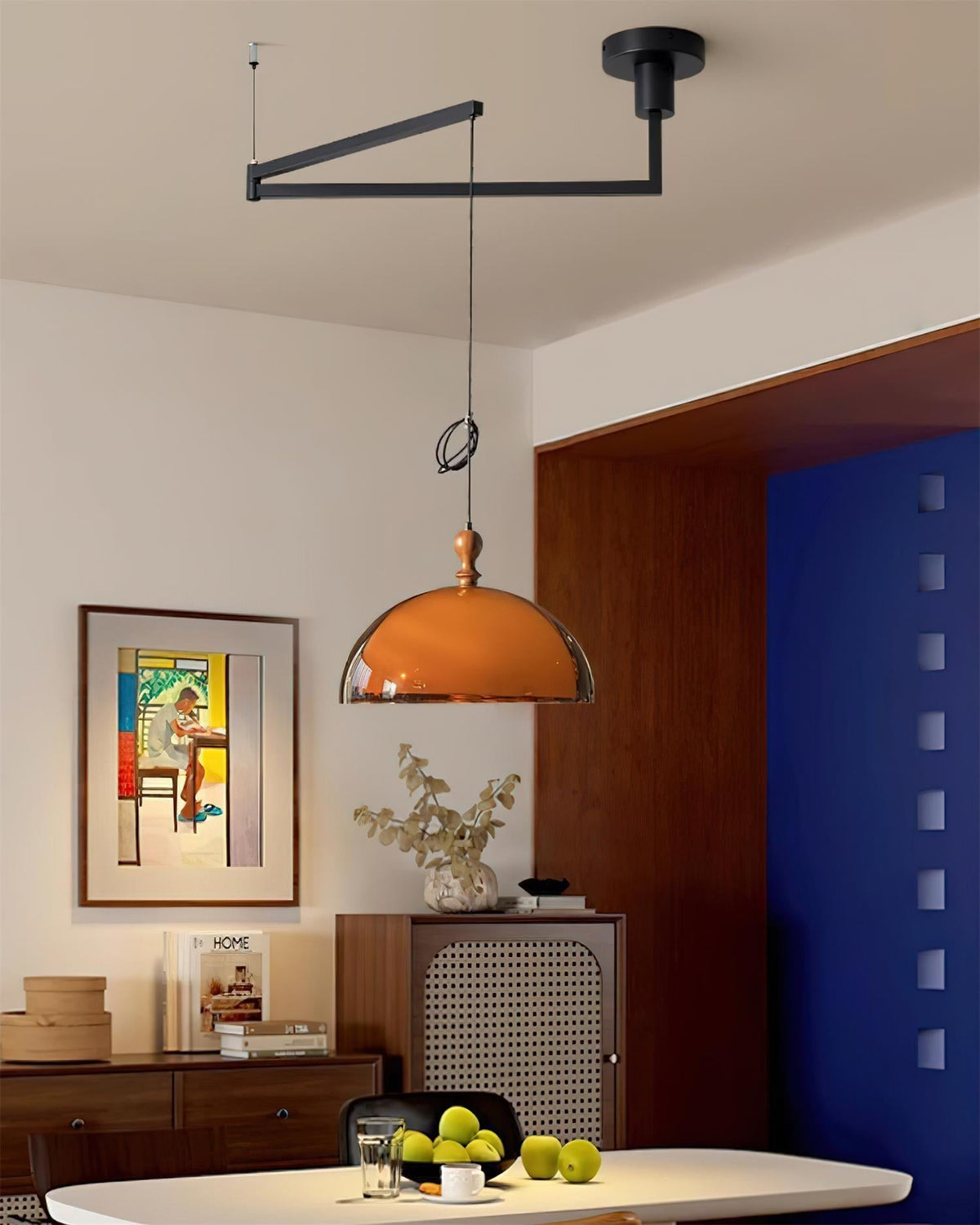 Hanging Ceiling Light Fixture with Walnut Wood Accent and Acrylic Shade 14 Inch Diameter for Kitchen Island Dining Room Table Adjustable Hei