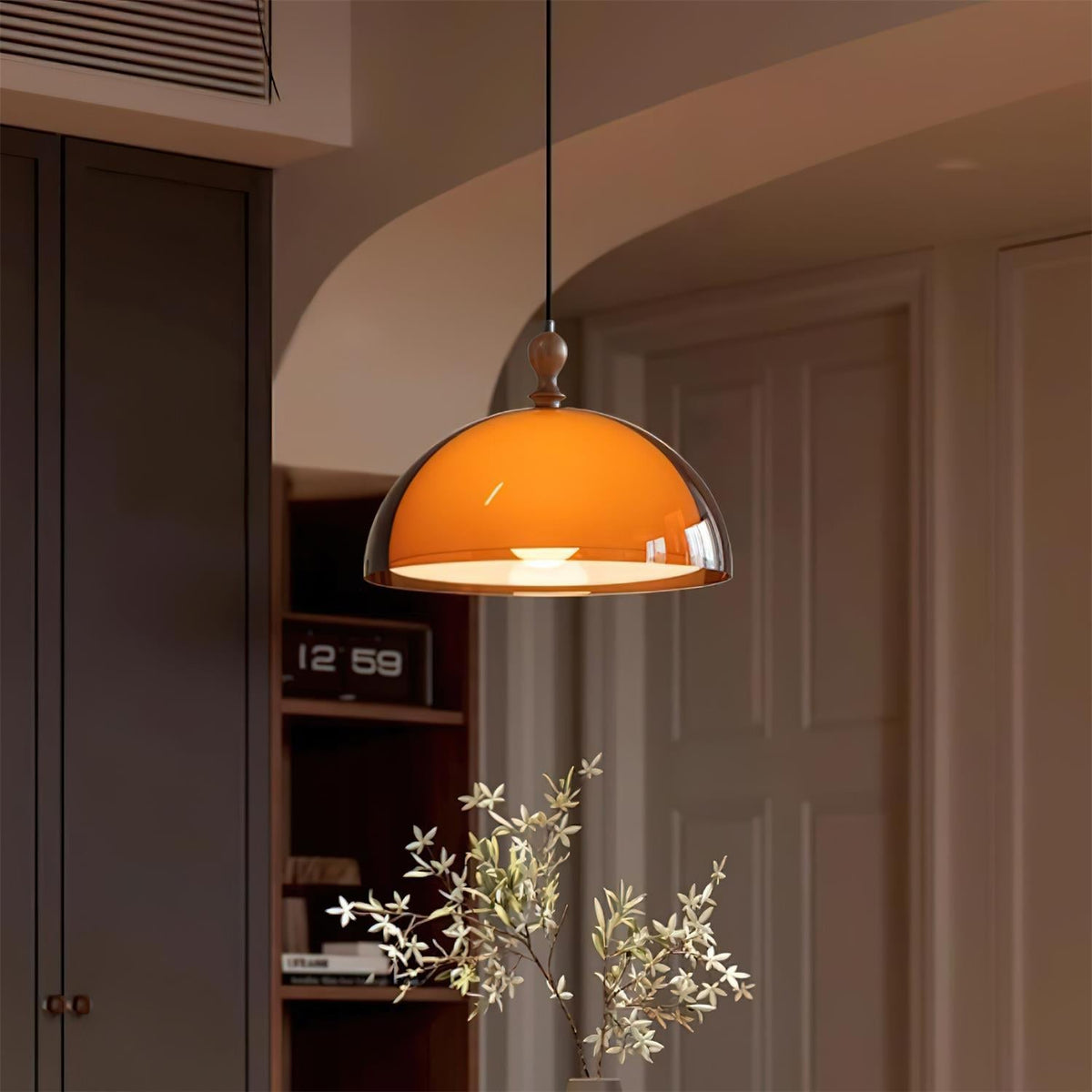 Hanging Ceiling Light Fixture with Walnut Wood Accent and Acrylic Shade 14 Inch Diameter for Kitchen Island Dining Room Table Adjustable Hei