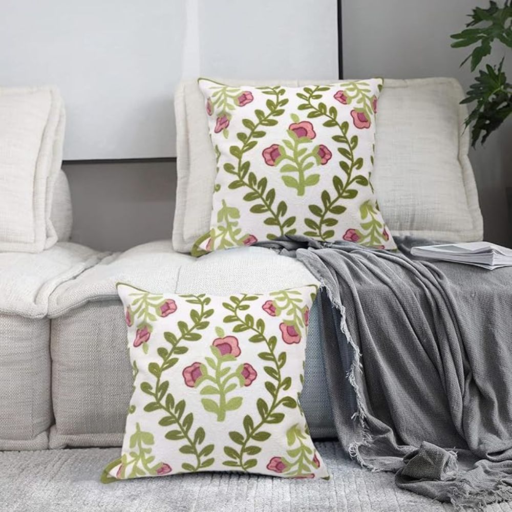 Elysia Floral Cushion Cover - Embroidered Microfiber, Indoor Outdoor Use