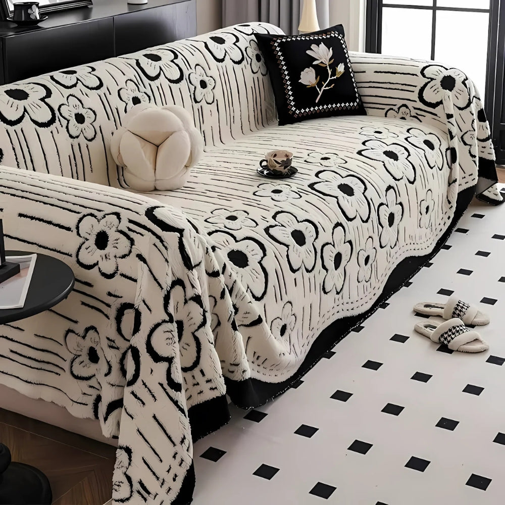 Elysian Sofa Cover - Soft Microfiber, Embroidered Floral Design