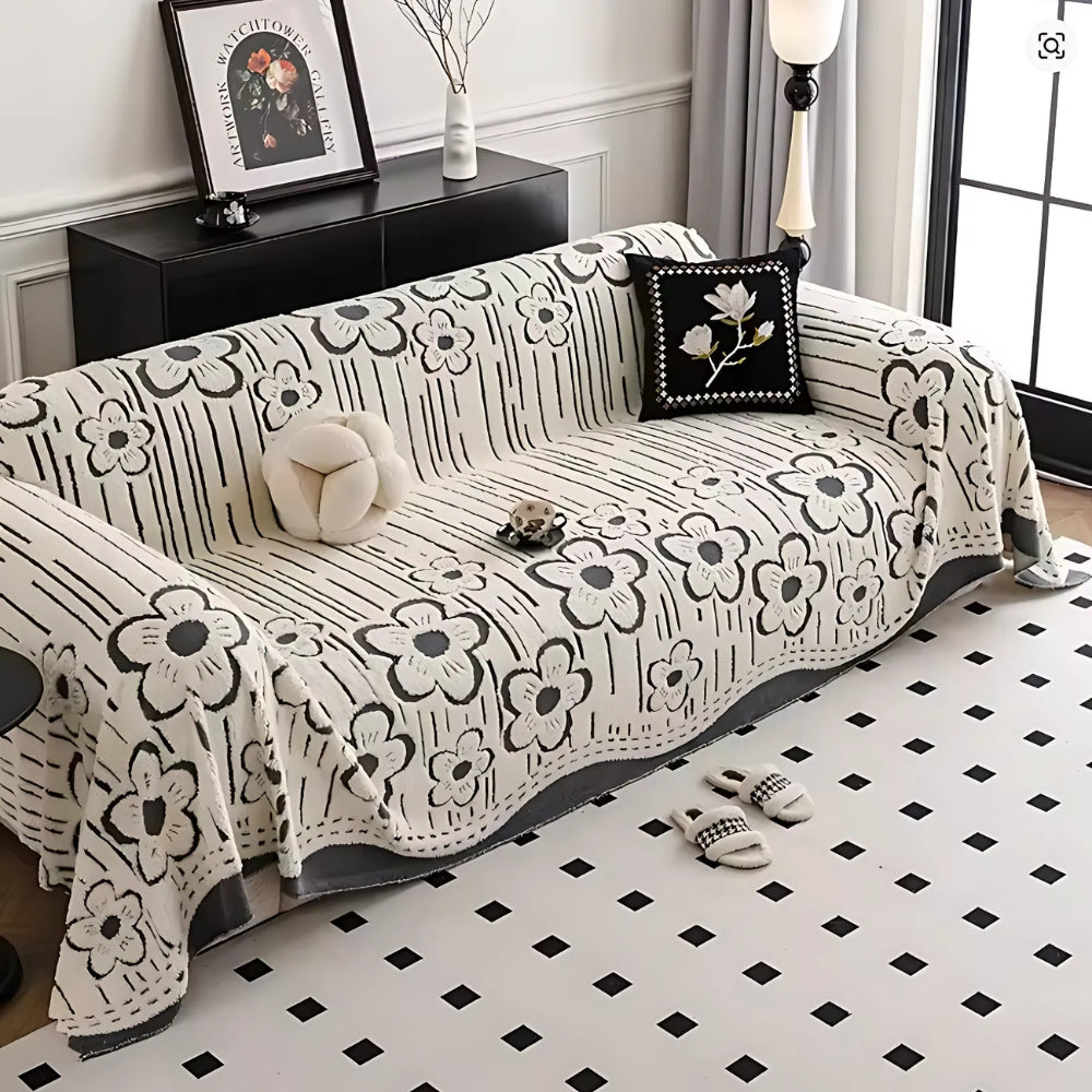 Elysian Sofa Cover - Soft Microfiber, Embroidered Floral Design