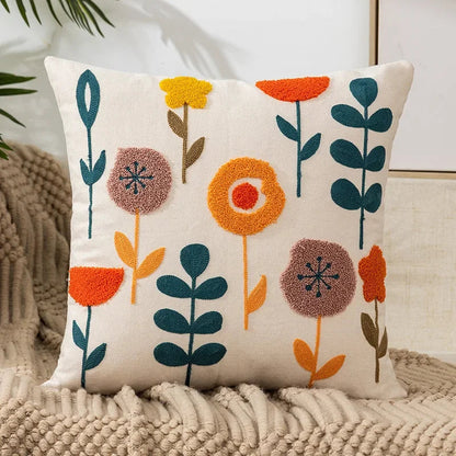 Embroidered Cotton Canvas Cushion Cover – Rustic Floral Design for Couch and Sofa