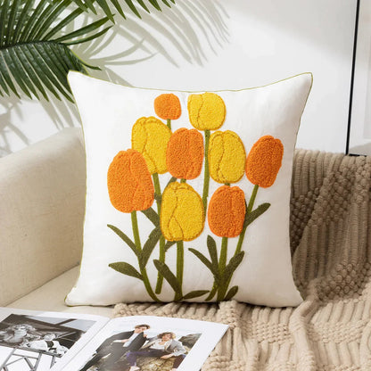 Embroidered Cotton Canvas Cushion Cover – Rustic Floral Design for Couch and Sofa