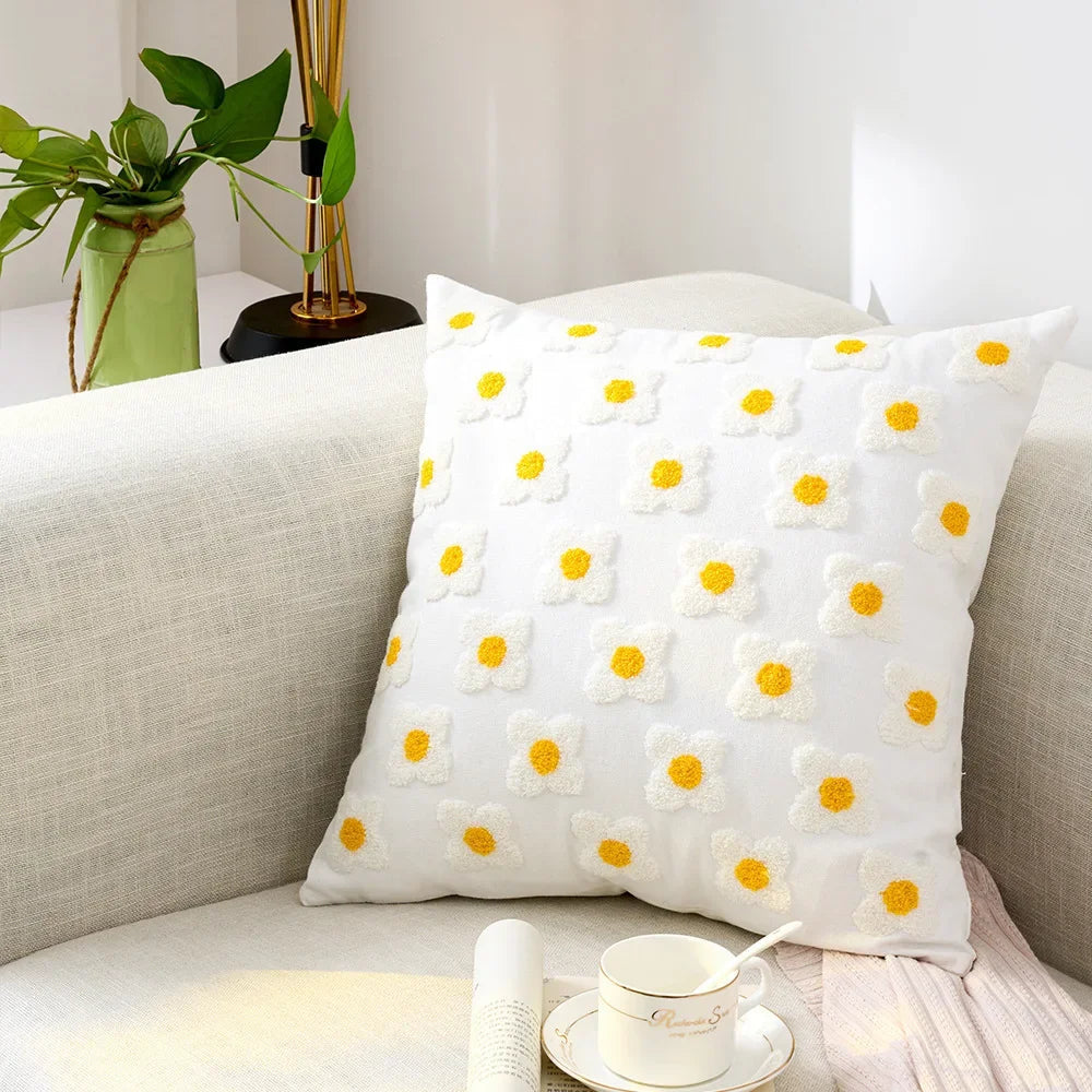 Embroidered Cotton Canvas Cushion Cover – Rustic Floral Design for Couch and Sofa
