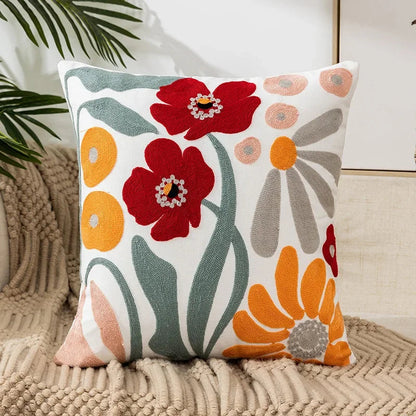 Embroidered Cotton Canvas Cushion Cover – Rustic Floral Design for Couch and Sofa