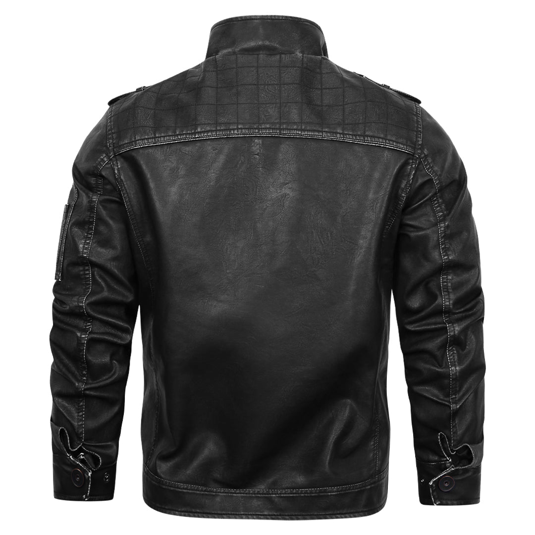 Faux Leather Motorcycle Jacket with Embroidered Details for Men – Black Biker Style Outerwear