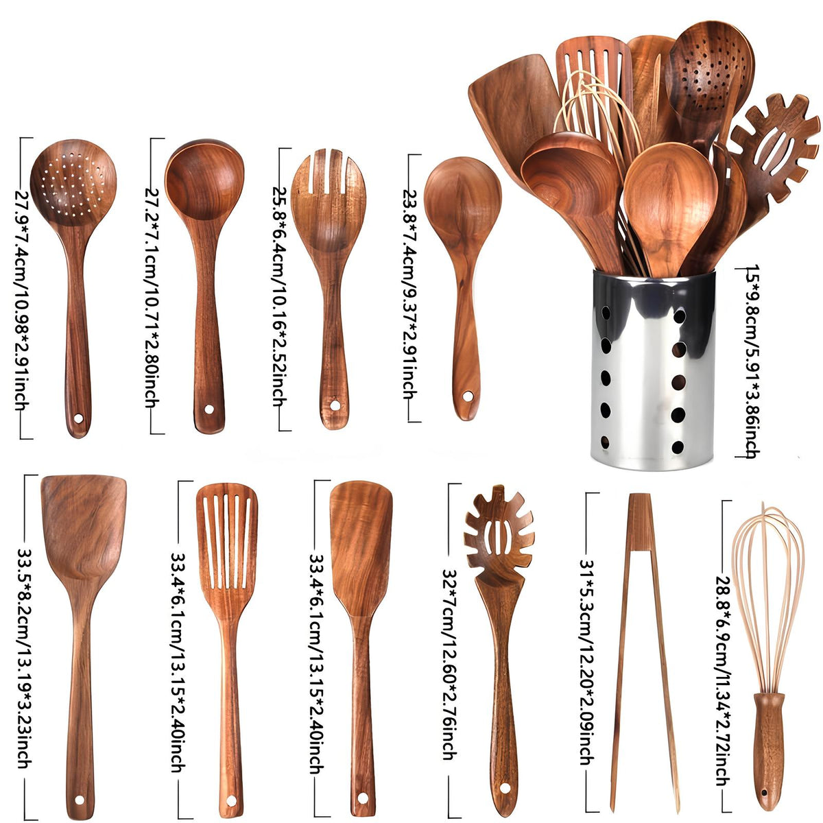 Wooden Cooking Utensil Set 11-Piece with Organizer Holder Teak Spatula Spoon Ladle Kitchen Tools for Nonstick Cookware Countertop Storage