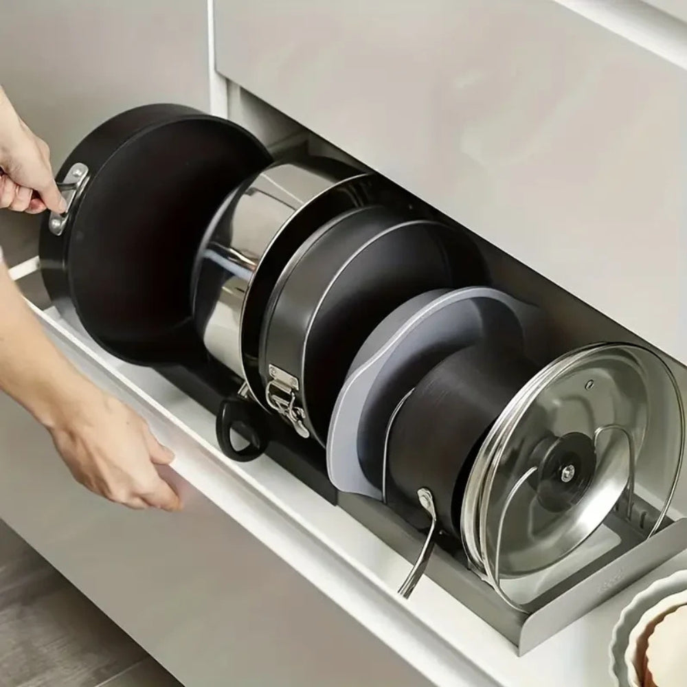 Evara Pot and Pans Organizer Rack - Adjustable Metal, Space-Saving Design