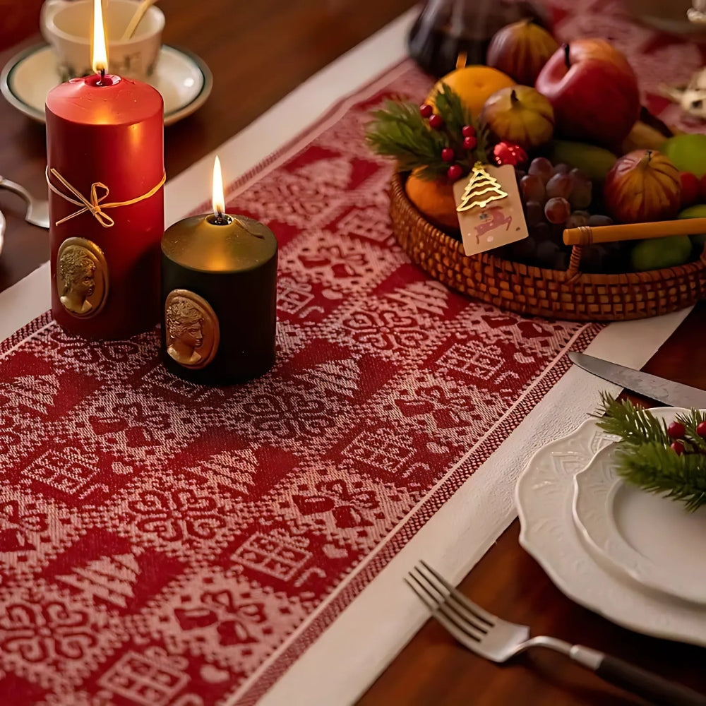 Everly Christmas Table Runner - Soft Microfiber, Elk Design with Tasseled Edges