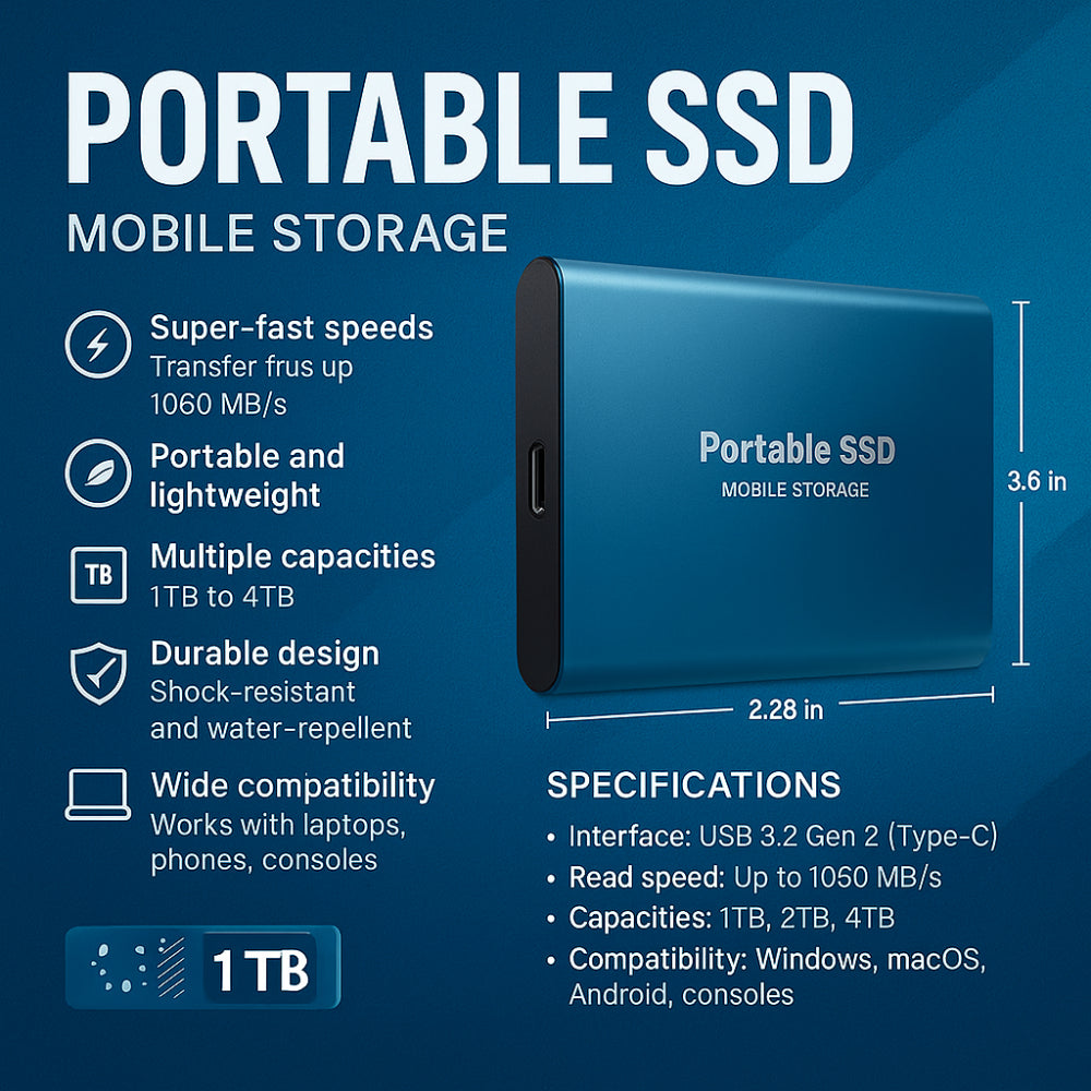 Portable External SSD Drive 128GB USB-C Aluminum Storage for PC Mac Laptop PS5 Xbox Smartphone Fast Transfer Speed Plug and Play Compact Sol