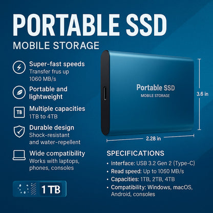 Portable External SSD Drive 128GB USB-C Aluminum Storage for PC Mac Laptop PS5 Xbox Smartphone Fast Transfer Speed Plug and Play Compact Sol