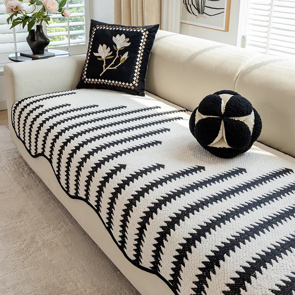 Chenille Sofa Throw Blanket with Scalloped Edges – Chevron Zigzag Pattern for Couch, Chair & Loveseat Protection – Soft Plush Furniture