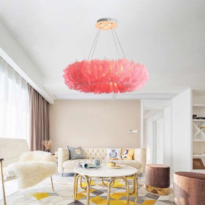 Hanging Feather Ceiling Light 20-Inch Ring Fixture with LED Adjustable Tones for Bedrooms Dining Rooms Girls' Rooms Modern Fluffy Chandelier