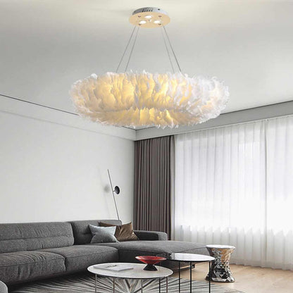 Hanging Feather Ceiling Light 20-Inch Ring Fixture with LED Adjustable Tones for Bedrooms Dining Rooms Girls' Rooms Modern Fluffy Chandelier