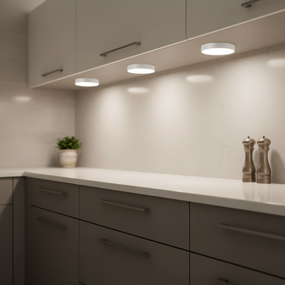Battery-Operated LED Puck Lights with Remote Control 3-Pack White Wireless Stick-On Spotlights for Cupboards Closets Shelves Undercabinet Il