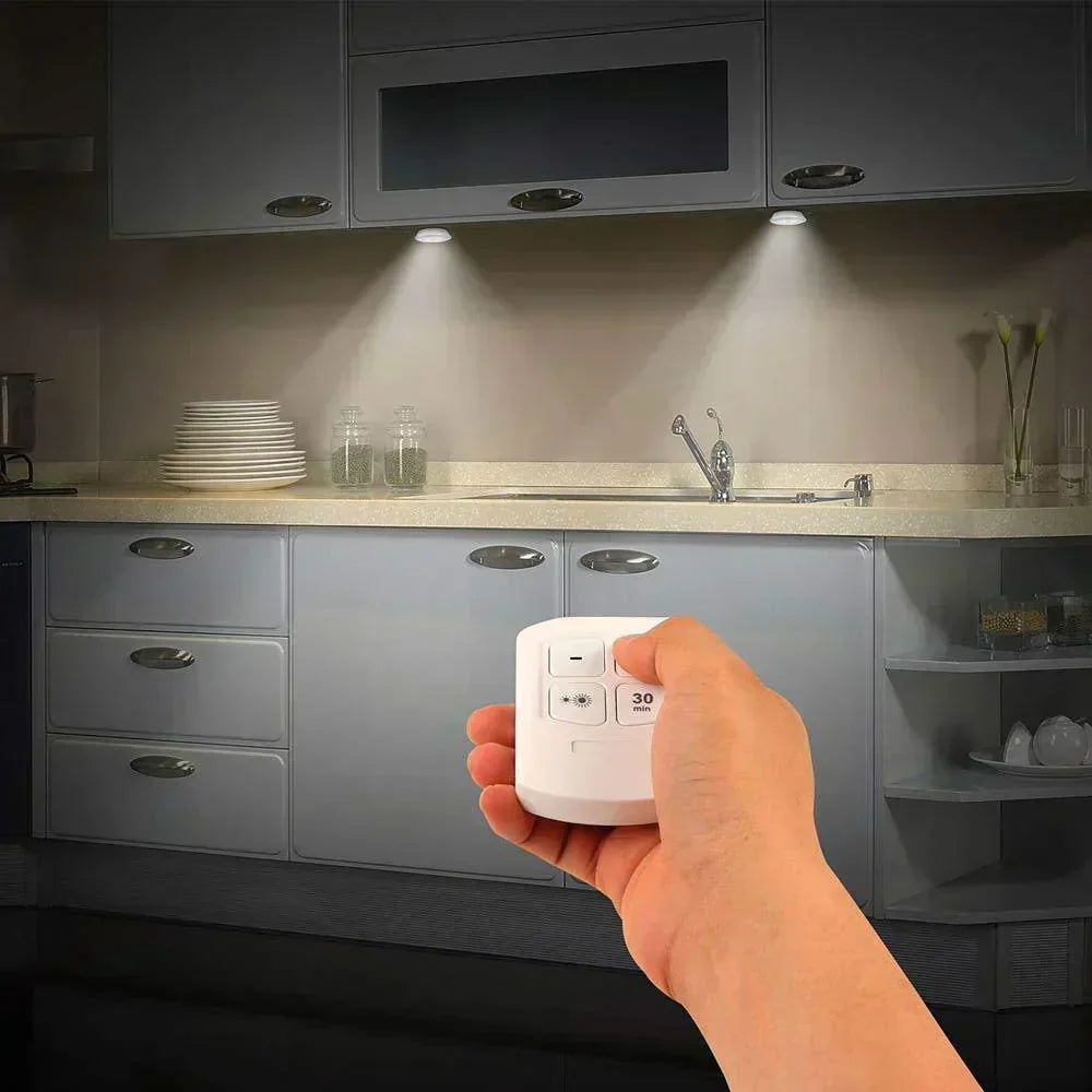 Battery-Operated LED Puck Lights with Remote Control 3-Pack White Wireless Stick-On Spotlights for Cupboards Closets Shelves Undercabinet Il
