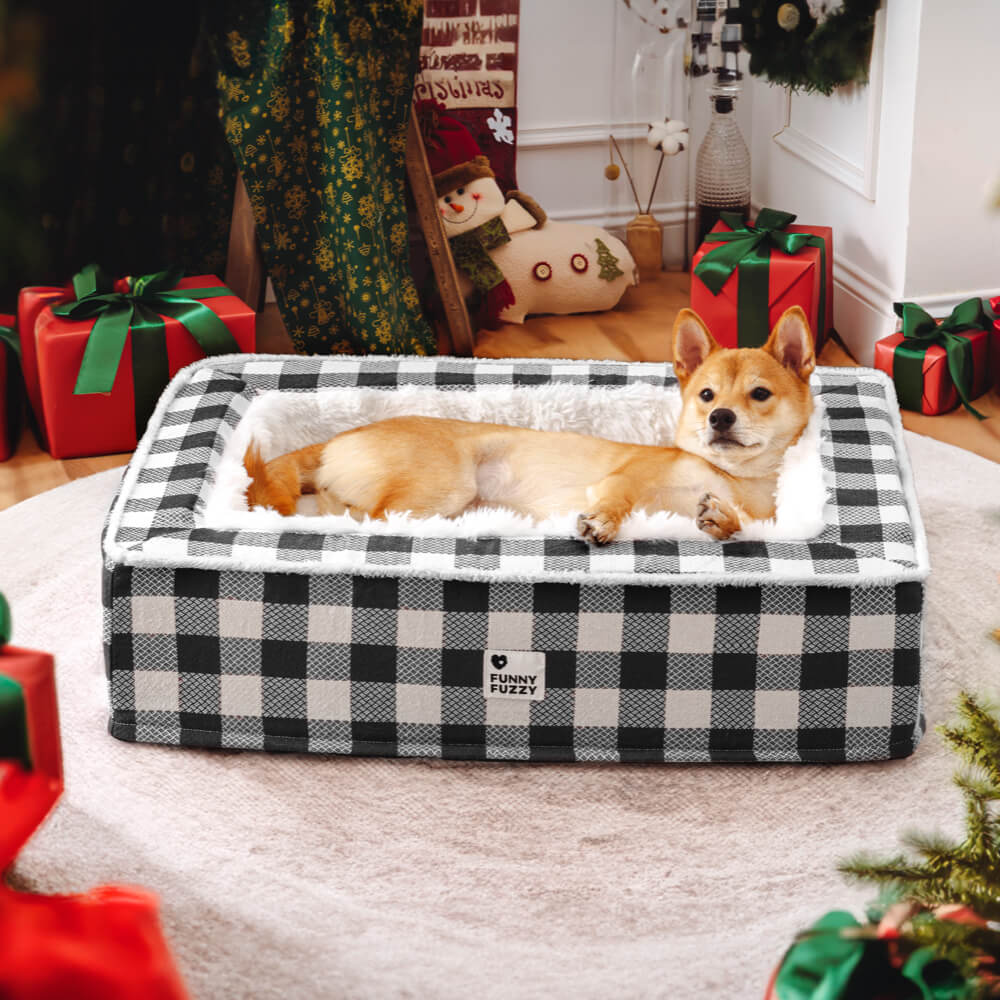 Plaid Raised-Edge Dog Bed with Memory Foam Bolster Support for Calming Sleep | Small to Extra Large Sizes | Classic Checkered Pattern Pet