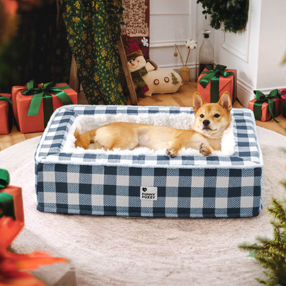 Plaid Raised-Edge Dog Bed with Memory Foam Bolster Support for Calming Sleep | Small to Extra Large Sizes | Classic Checkered Pattern Pet