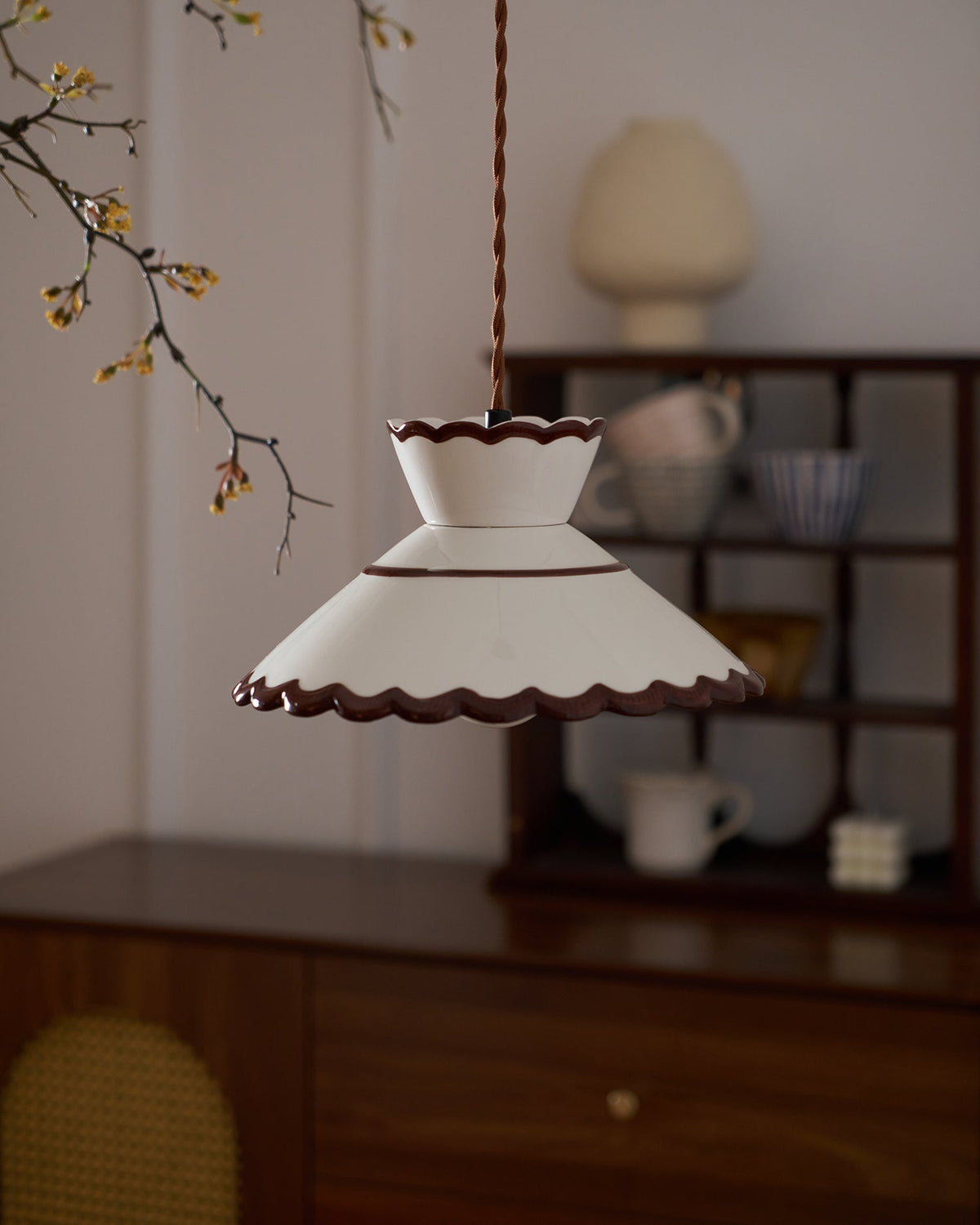 Handcrafted Ceramic Hanging Light with Floral Design 9.6 Inch Diameter Overhead Fixture Adjustable Cord E26 Socket for Dining Area Kitchen C