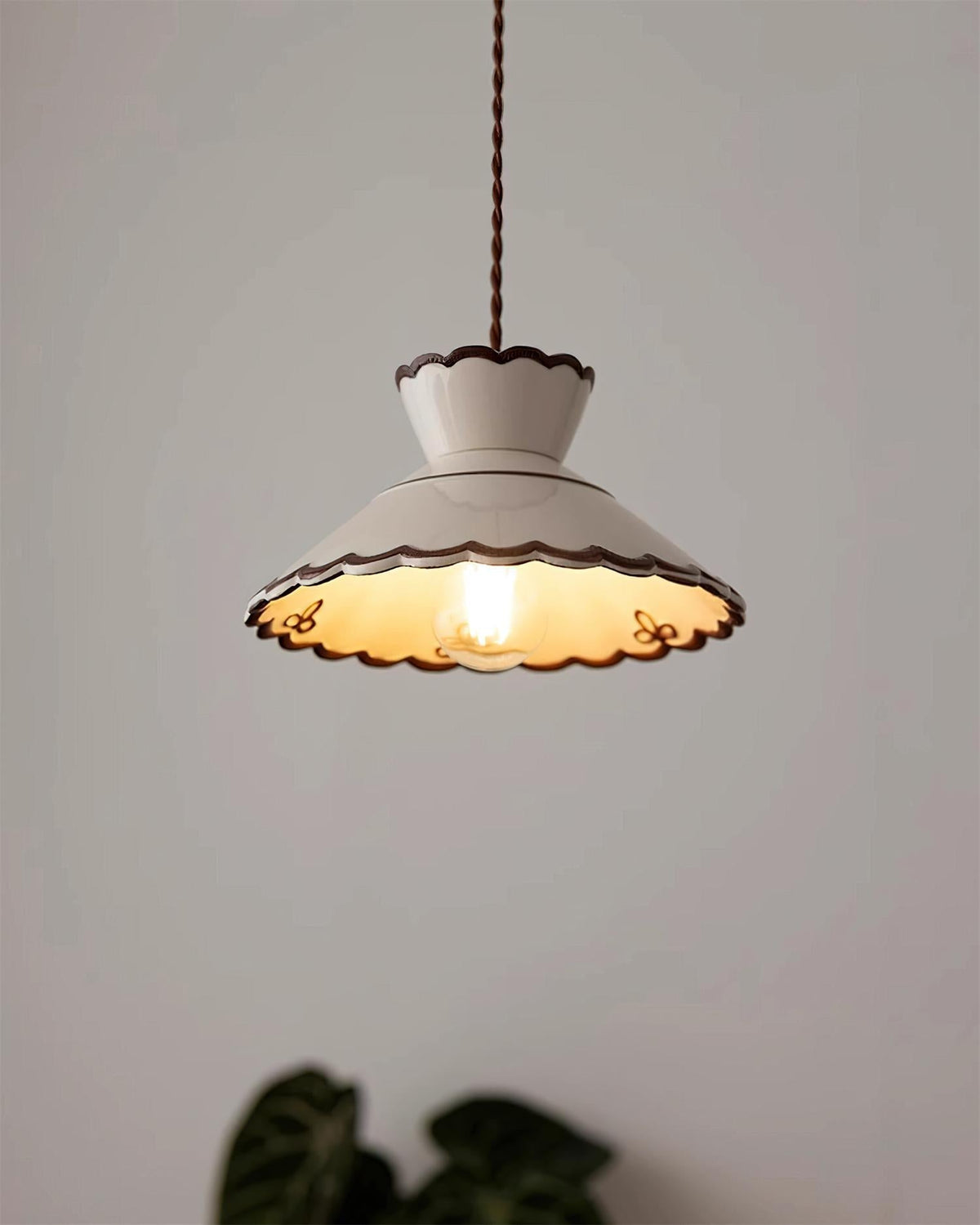 Handcrafted Ceramic Hanging Light with Floral Design 9.6 Inch Diameter Overhead Fixture Adjustable Cord E26 Socket for Dining Area Kitchen C