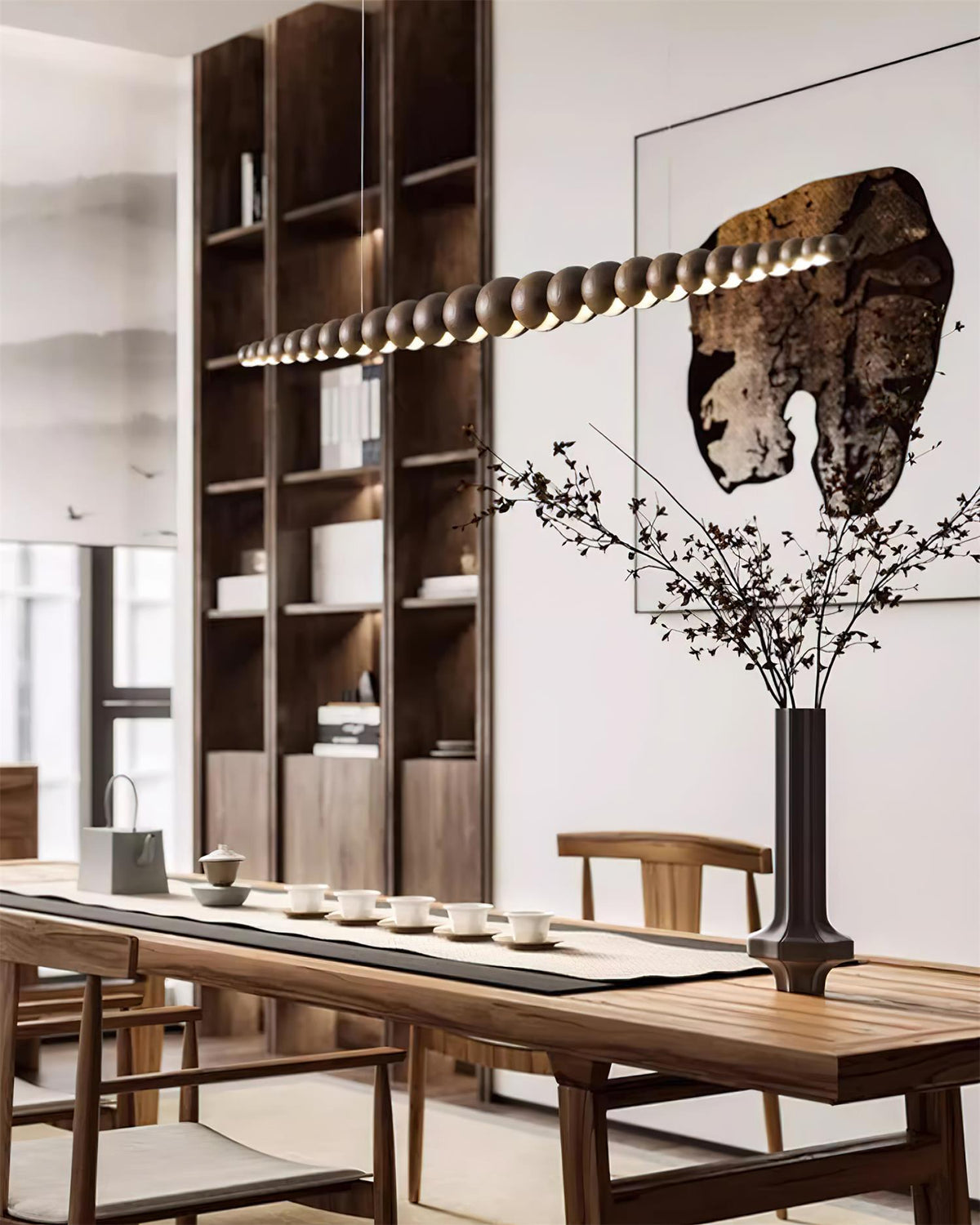 Hanging LED Fixture 46 in Metal Wood Acrylic Globe Pendant 3000K Contemporary Ceiling Light for Kitchen Island Dining Table