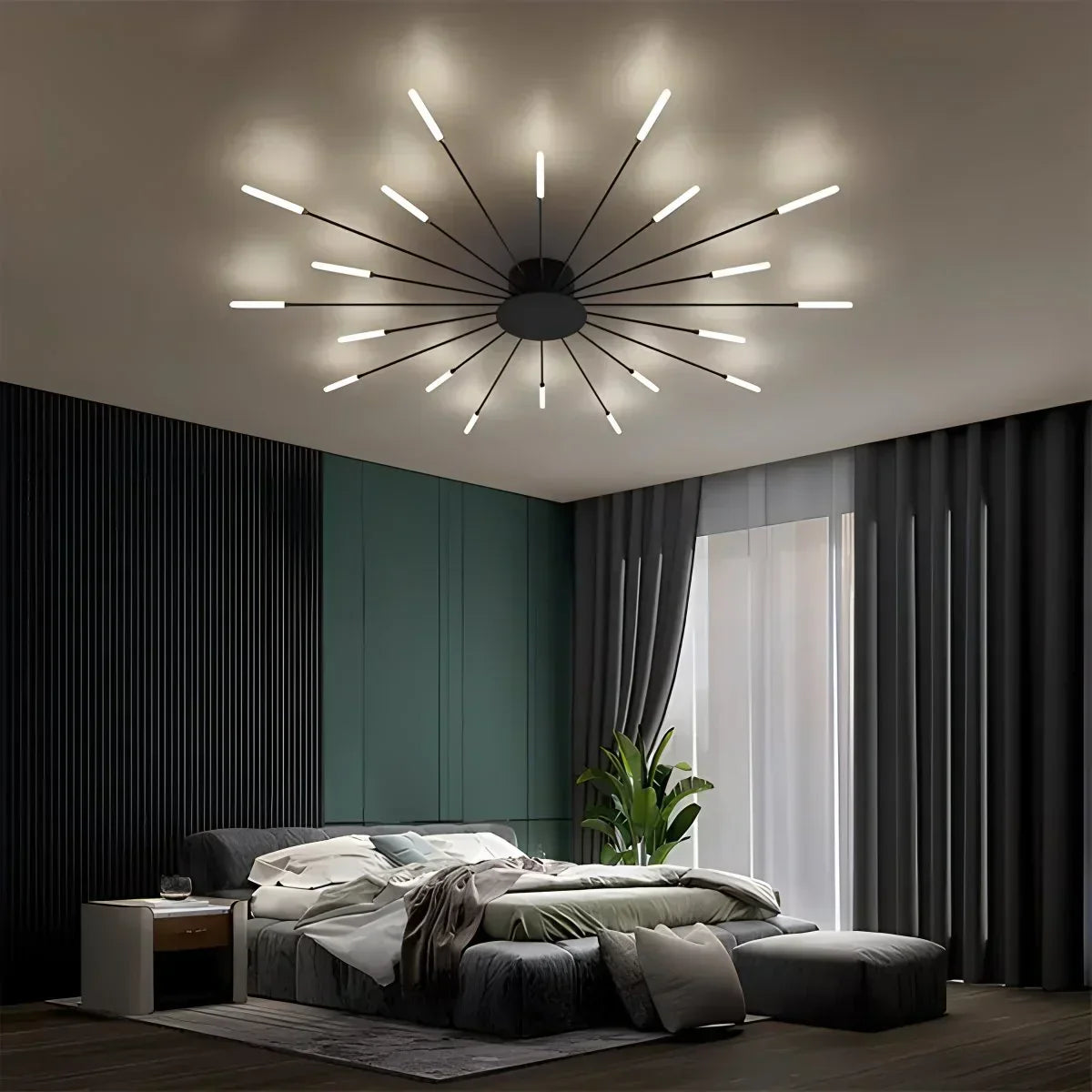 Multi-Arm Metal Flush Mount Light Fixture with Remote Dimmable 20-42 Bulb Points for Open Floor Plans Living Rooms Dining Spaces Contemporar