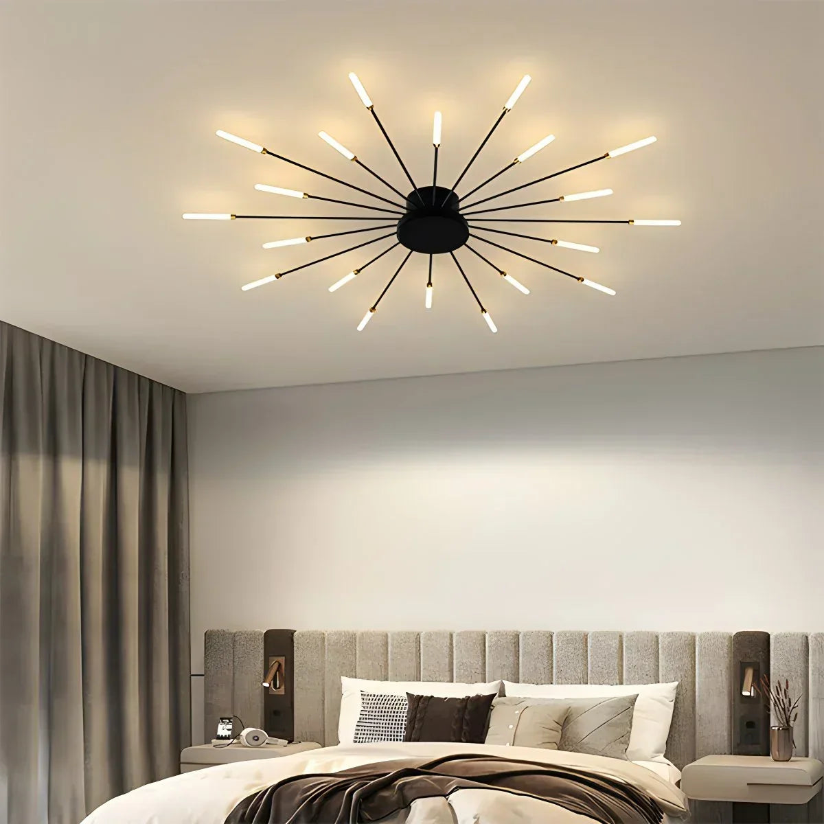 Multi-Arm Metal Flush Mount Light Fixture with Remote Dimmable 20-42 Bulb Points for Open Floor Plans Living Rooms Dining Spaces Contemporar