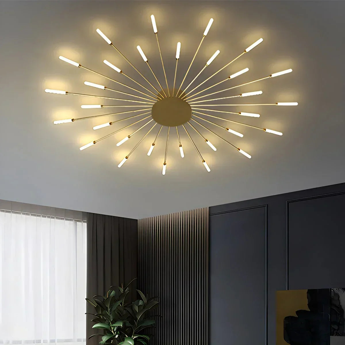 Multi-Arm Metal Flush Mount Light Fixture with Remote Dimmable 20-42 Bulb Points for Open Floor Plans Living Rooms Dining Spaces Contemporar