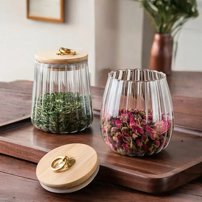 Glass Canister with Wooden Lid for Pantry Organization Kitchen Counter Storage Jar for Coffee Beans Loose Leaf Tea Dried Herbs Snacks Clear