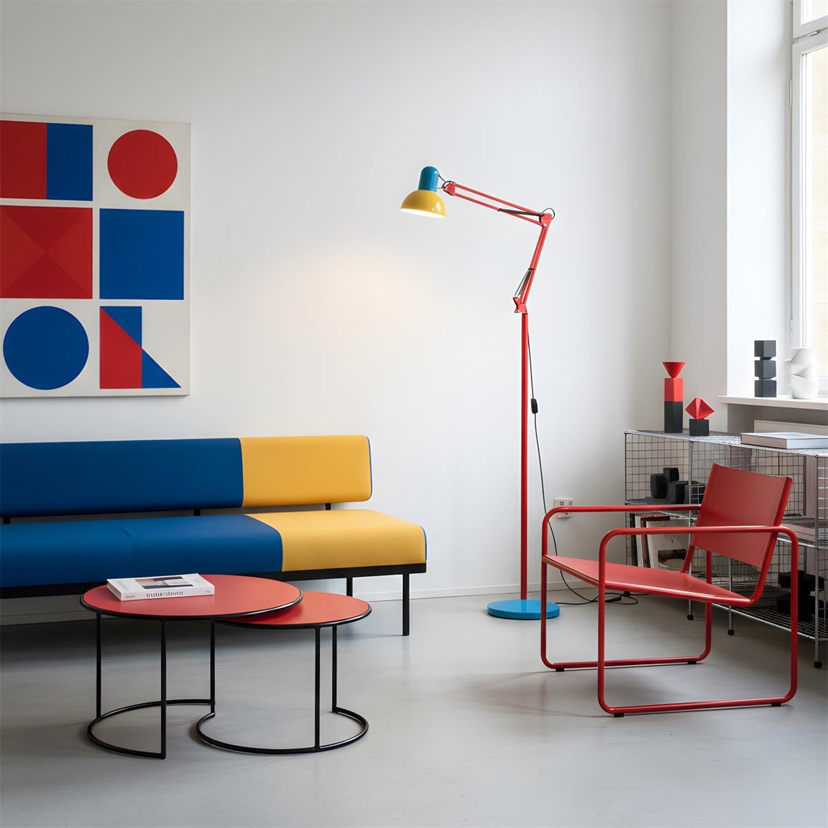 Articulated Task Lamp Standing Light 74 Inches Tall Posable Metal Reading Lamp Blue Red Yellow Colorful Modern Accent for Living Room Office
