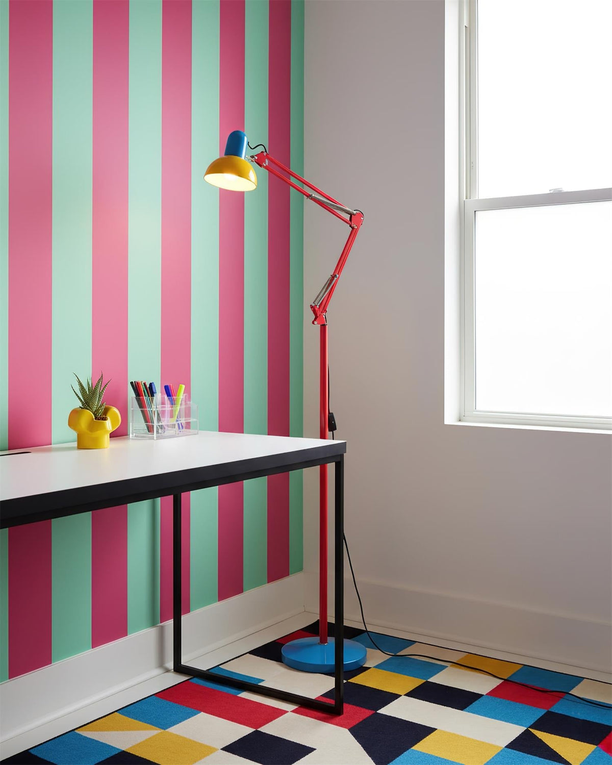 Articulated Task Lamp Standing Light 74 Inches Tall Posable Metal Reading Lamp Blue Red Yellow Colorful Modern Accent for Living Room Office