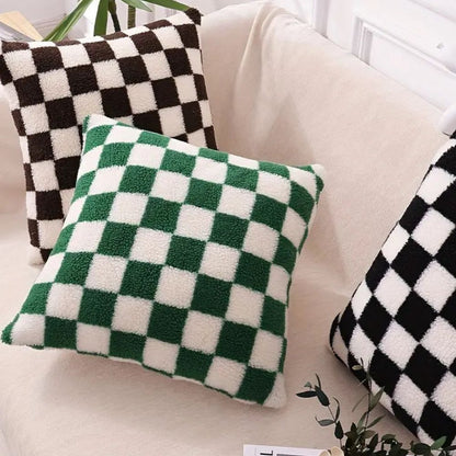Flora Cushion Cover - Plush Faux Fur, Checkered Design for Sofa