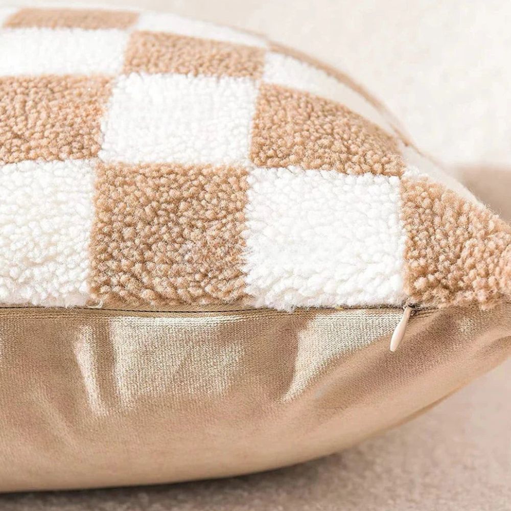 Flora Cushion Cover - Plush Faux Fur, Checkered Design for Sofa