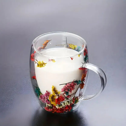 Insulated Double Wall Glass Mug 12.3 oz Floral Etched Clear Cup for Hot Coffee Cold Drinks Tea Latte Iced Beverages Kitchen Drinkware Gift