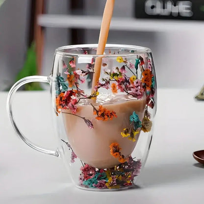 Insulated Double Wall Glass Mug 12.3 oz Floral Etched Clear Cup for Hot Coffee Cold Drinks Tea Latte Iced Beverages Kitchen Drinkware Gift