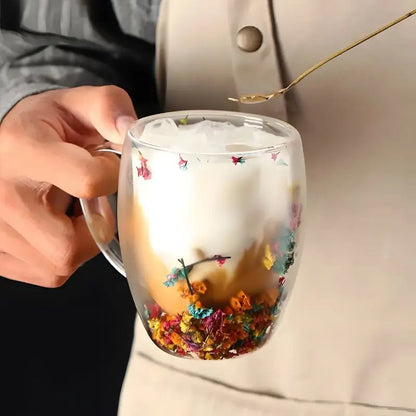 Insulated Double Wall Glass Mug 12.3 oz Floral Etched Clear Cup for Hot Coffee Cold Drinks Tea Latte Iced Beverages Kitchen Drinkware Gift