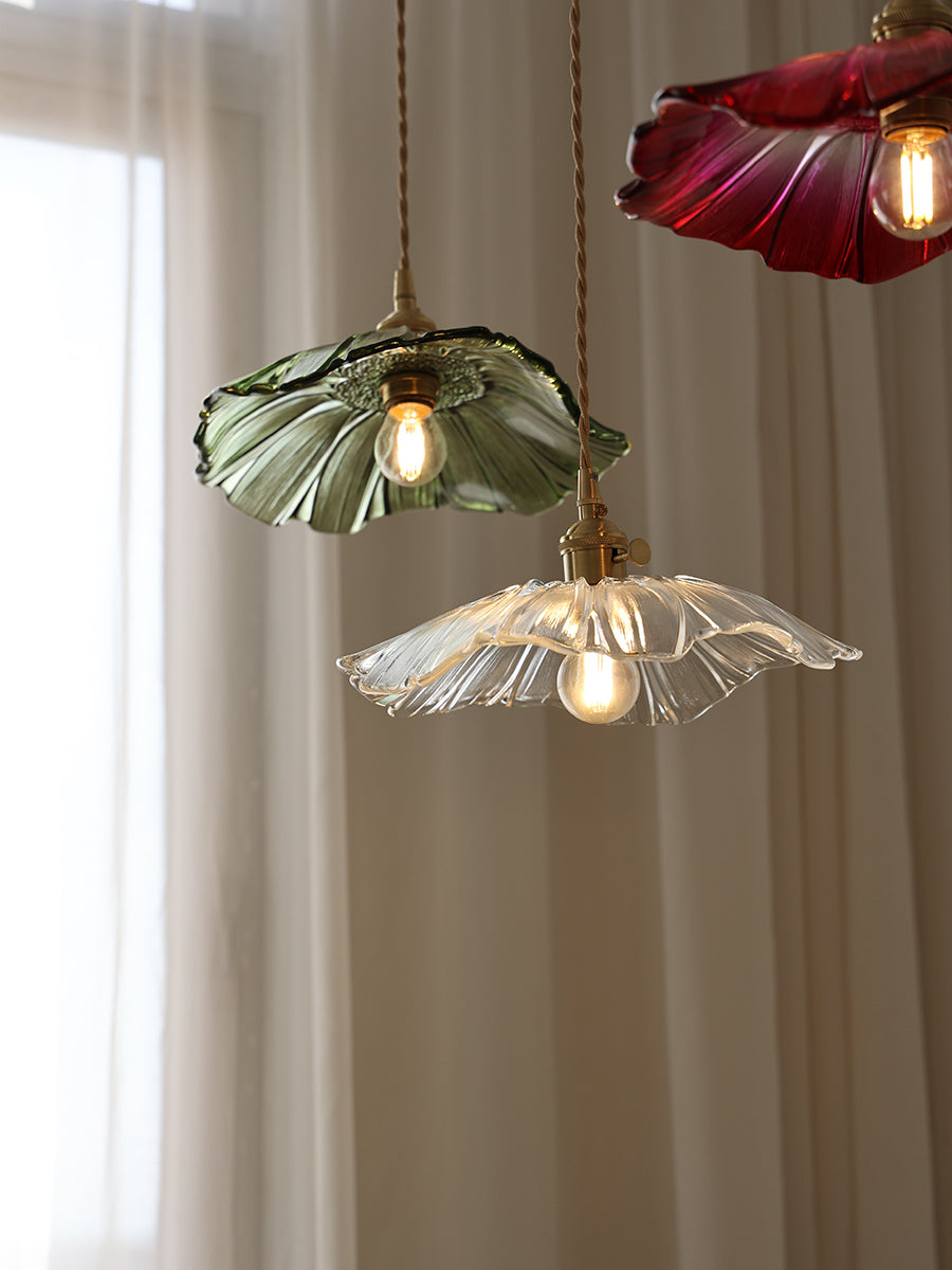 Hanging Ceiling Fixture with Floral Glass Shade 11 in x 5 in for Dining Areas Kitchen Islands Breakfast Nooks Pink Clear Green Finish Adjust