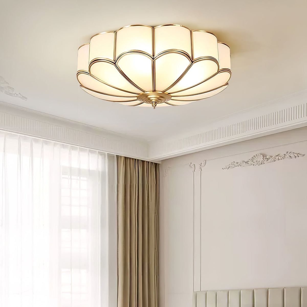 Frosted Glass Flower Flush Mount Ceiling Light with Brass Accents for Living Room & Kitchen