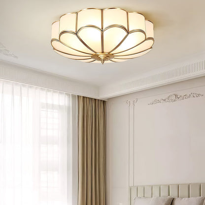 Gold Flush Mount Light Fixture Round Glass Shade Brass Frame Diffused Glow for Entryway Dining Room Bedroom LED Compatible Multi-Bulb