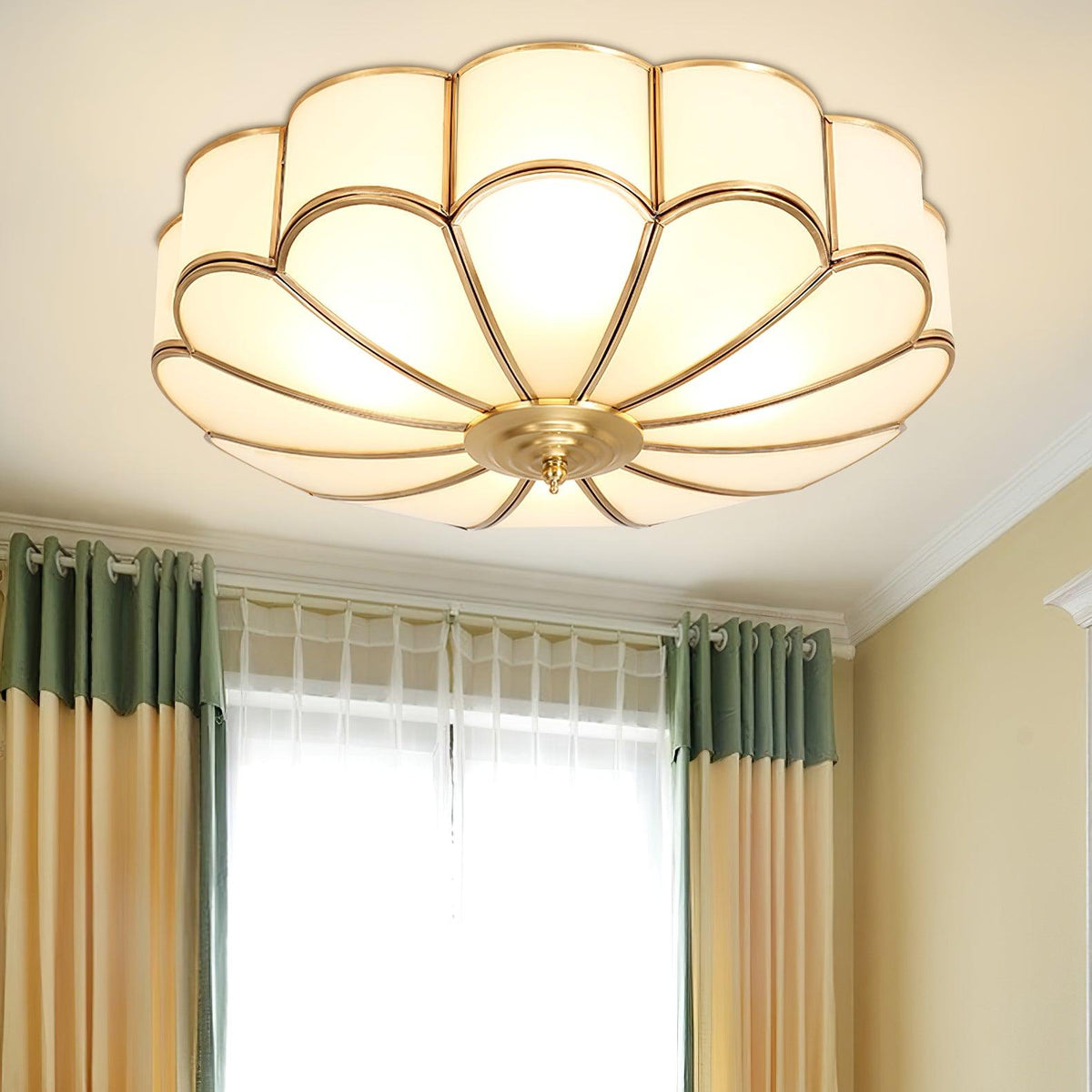 Gold Flush Mount Light Fixture Round Glass Shade Brass Frame Diffused Glow for Entryway Dining Room Bedroom LED Compatible Multi-Bulb
