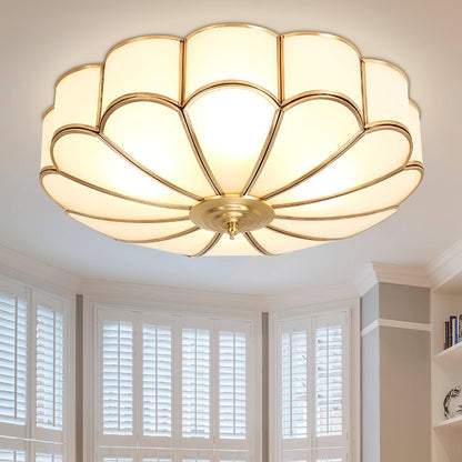 Gold Flush Mount Light Fixture Round Glass Shade Brass Frame Diffused Glow for Entryway Dining Room Bedroom LED Compatible Multi-Bulb