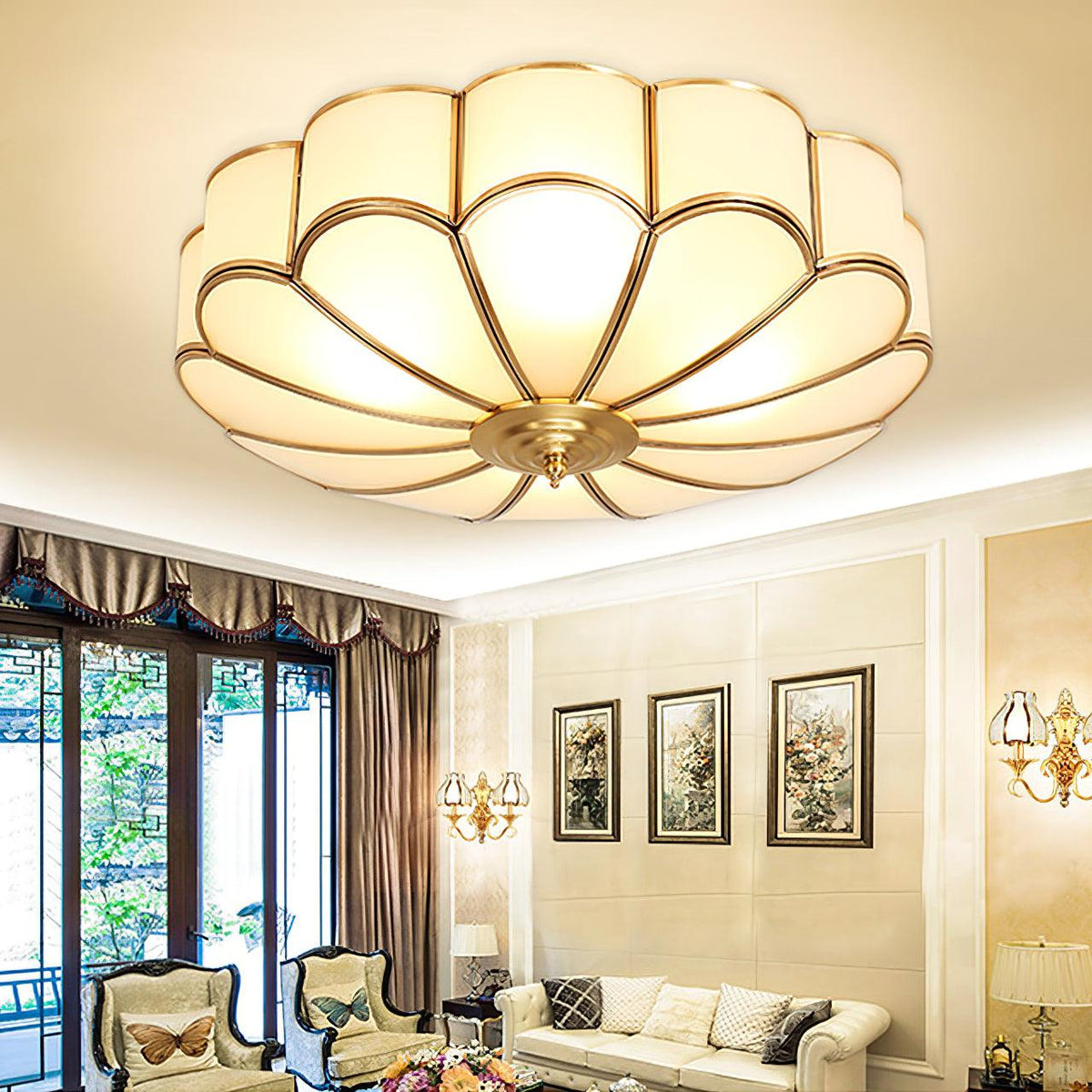 Gold Flush Mount Light Fixture Round Glass Shade Brass Frame Diffused Glow for Entryway Dining Room Bedroom LED Compatible Multi-Bulb