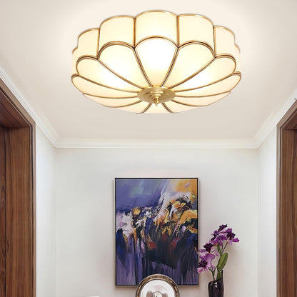 Gold Flush Mount Light Fixture Round Glass Shade Brass Frame Diffused Glow for Entryway Dining Room Bedroom LED Compatible Multi-Bulb