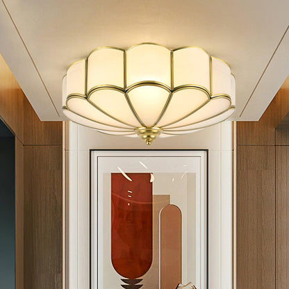 Gold Flush Mount Light Fixture Round Glass Shade Brass Frame Diffused Glow for Entryway Dining Room Bedroom LED Compatible Multi-Bulb