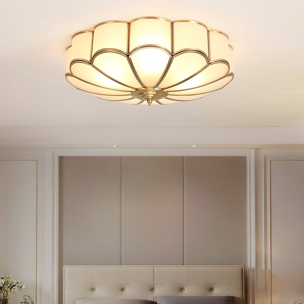 Gold Flush Mount Light Fixture Round Glass Shade Brass Frame Diffused Glow for Entryway Dining Room Bedroom LED Compatible Multi-Bulb