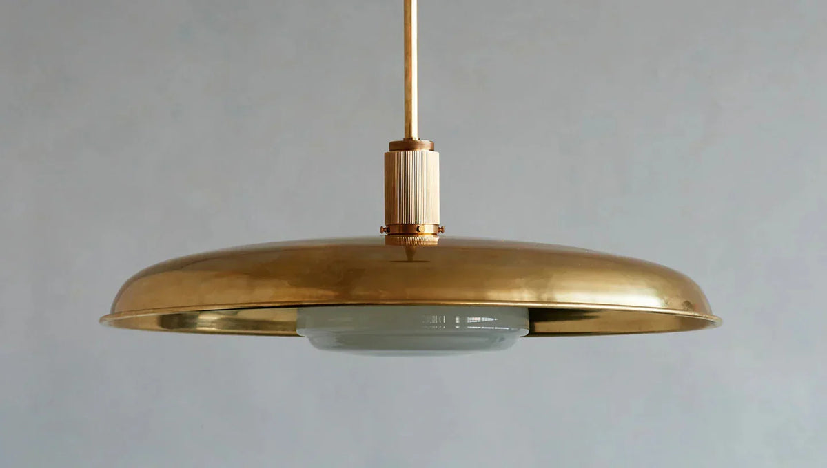 Hand-Spun Brass Pendant Light with Handblown Glass Shade in 5 Finishes – 16, 24 or 34 Inch Round Ceiling Light for Dining Room Kitchen