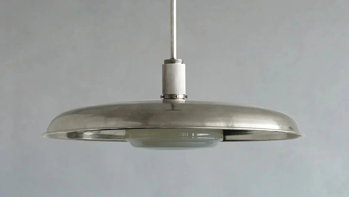 Hand-Spun Brass Pendant Light with Handblown Glass Shade in 5 Finishes – 16, 24 or 34 Inch Round Ceiling Light for Dining Room Kitchen