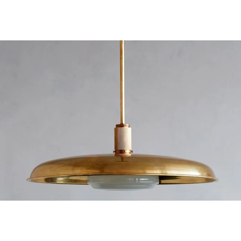 Hand-Spun Brass Pendant Light with Handblown Glass Shade in 5 Finishes – 16, 24 or 34 Inch Round Ceiling Light for Dining Room Kitchen