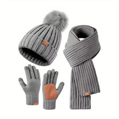 Knit Beanie Scarf Glove Set for Women Men Winter Accessories Pom Pom Hat Cold Weather Gear Touchscreen Fingertips Unisex